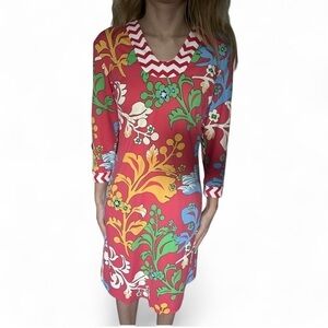 J. McLaughlin dress, XS. Pink with green, blue, white and yellow floral pattern